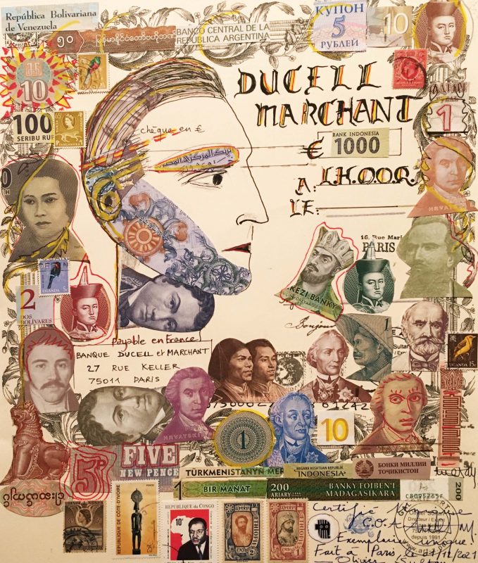 Banque Ducell-Marchant, 36 x 29,5cm, collage d'actions, timbres et billets de banque