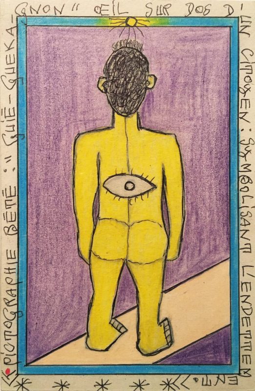 Gué-Gueka-Gnon oeil sur dos d'un citoyen... Crayon de couleur et stylo bille sur papier cartonné, 19 x 15cm