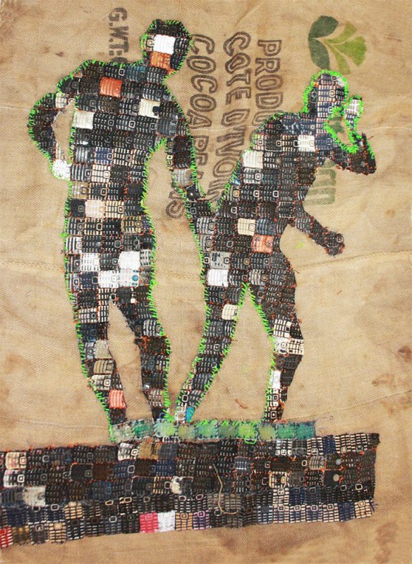 Terenga, claviers tissés sur sacs de jute recyclés et sérigraphiés, 140 x 110cm